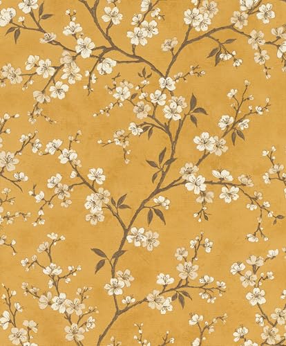 Rasch Tapete 456721 - Gelbe Vliestapete mit kleinen Kirschblüten in Weiß und Beige - 10,05m x 0,53m (LxB)