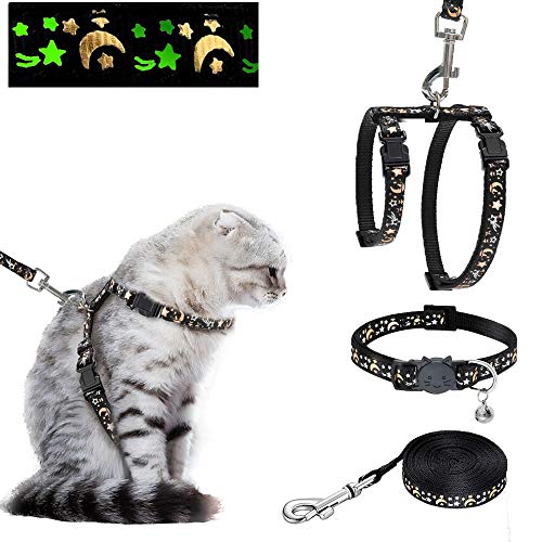 SYOOY Cat Harness with Leash and Collar Set Escape Proof Adjustable H Shaped Safety Buckle Gold Moons Stars Glow in The Dark for Kittens Outdoor Walking
