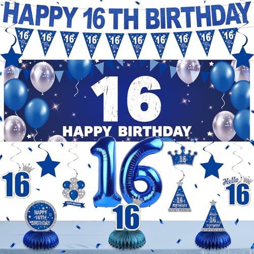 PRE-STRUNG 16th Birthday Decorations for Boys – Happy 16th Birthday Banner Number Balloons Hanging Swirls Honeycomb Centerpieces Tabletop Blue, 16 Year Old Party Photo Backdrop Decor Supplies HTDZZI