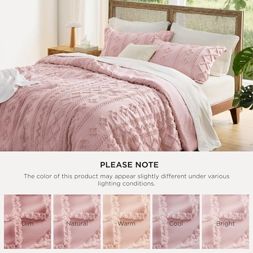 Image of Bedsure Tufted Boho Comforter Set Twin Size - Pink Boho Bed Set, GentleSoft 2 Pieces Farmhouse-Style Embroidery Bedding, Gifts for Woman, Soft Jacquard Twin Comforter for All Seasons