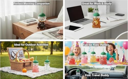 Image of Glass Bear Cup with Reusable Straw & Lid, 20 oz Cute Bear Shape Glass Tumbler for Hot & Cold Drinks, Clear Drinking Mug for Water, Juice, Smoothies, Iced Coffee, Home, Office & Gifting