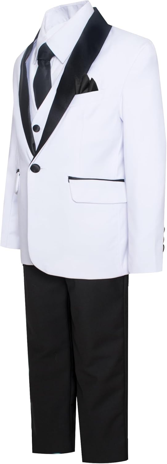Boys Premium Paisley Patterned and Solid Shawl Lapel Tuxedos - Many Colors (18, White with Black Solid)