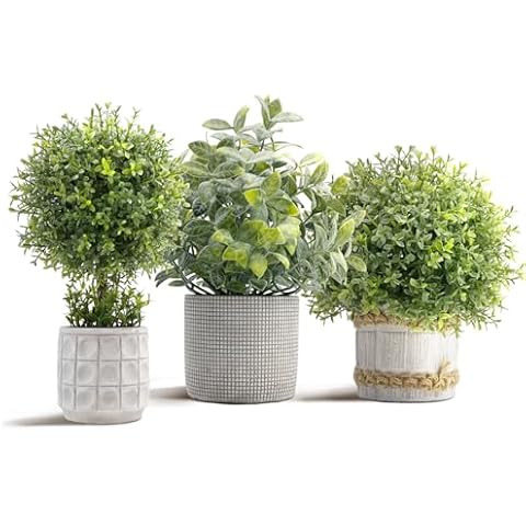 PENGYEE 3Pcs Fake Plants 10.6 Inch, Artificial Boxwood Topiary Ball Tree in Cement Planter, Artificial Plants Indoor for Home Bathroom Bedroom Kitchen Office Room Decor Cover