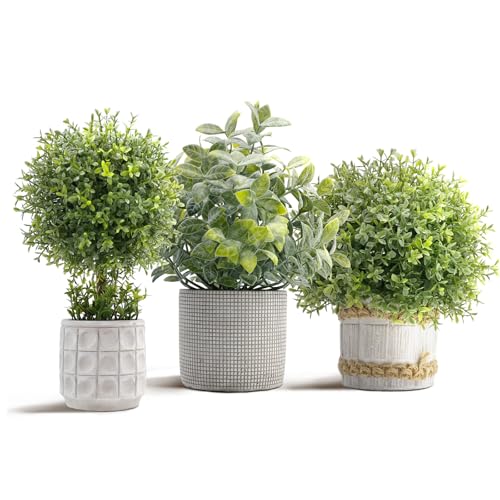 PENGYEE Lot de 3 plantes artificielles de 26 cm, buis topiaire artificiel dans un pot en ciment, plantes artificielles d'intérieur pour la maison, la salle de bain, la chambre, la cuisine, le bureau,