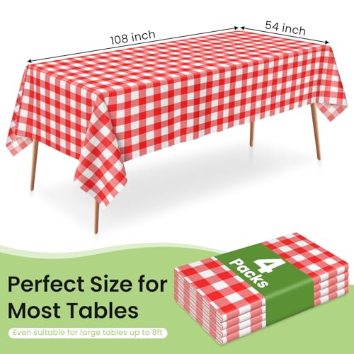 Image of LANLISA 4 Pack Red Gingham Tablecloth Plastic, 54 x 108 Inch Rectangle Table Cloth Disposable, Red and White Checkered Tablecloths for Picnic, Birthday Party Plastic Cover