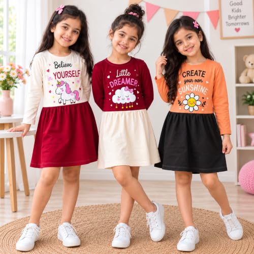 Image of Kuchipoo Girls Cotton Printed Dresses Pack of 3 | Full Sleeve Round Neck Casual Frocks | Soft & Comfortable Everyday Wear for Kids