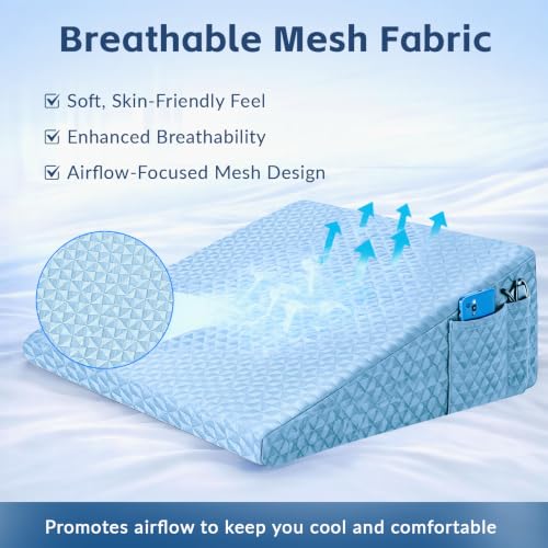 Image of 12 inch Wedge Pillow for Sleeping, Bed Wedge After Surgery, Back Pain Relief, Memory Foam Pillow Triangle Incline Wedge for Back Support, Leg Elevation (Blue)