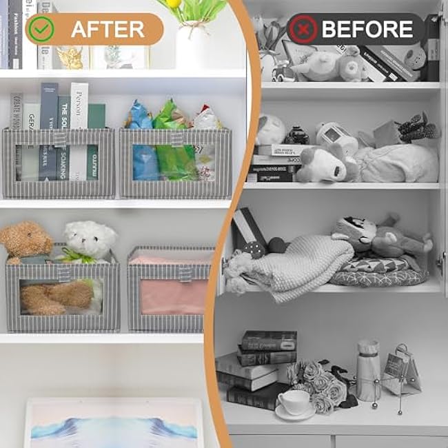 3 Pack Linen Closet Organizers, Foldable Fabric Bins with Clear Window - Storage Baskets for Clothing, Jeans, Shelves, Organizer Containers (Gray Vertical Stripe, 3PCS/15.7 * 11 * 6.7in)