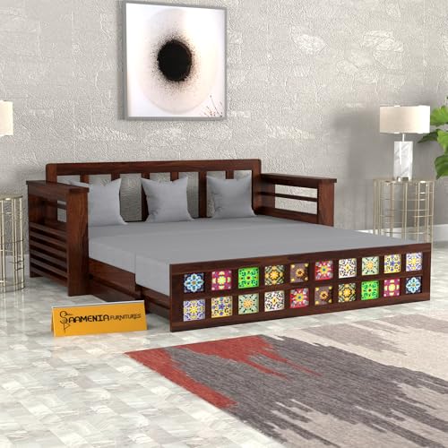 Image of Mamta Furniture Sheesham Wood Sofa Cum Bed with Storage Handcrafted Ceramic Tile Design Wooden Sofa Set for Living Room Bedroom 3 Seater Convertible Sofa Bed in Walnut Finish