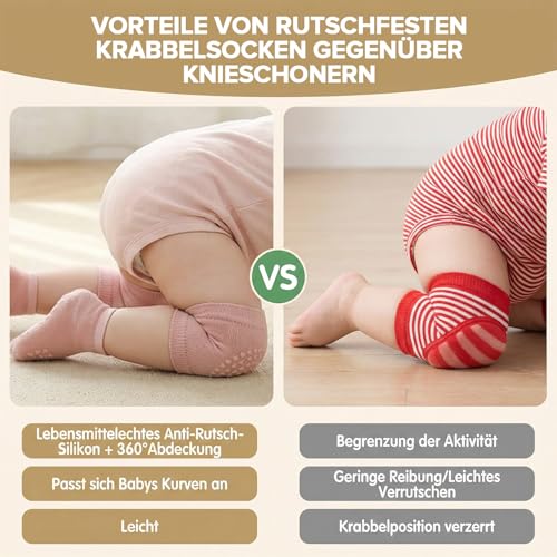 Katyjun Knieschoner Baby Krabbeln Set, 3 Paar Knieschützer & 3 Paar Anti-Rutsch Krabbelsocken, Atmungsaktiv mit Gummipunkten für Kleinkinder 0-12 Monate