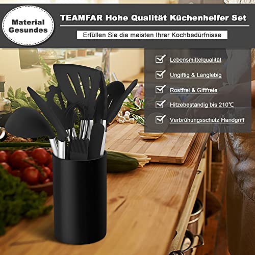 Foto von TEAMFAR Küchenhelfer, 20 Stück Silikon Schwarz Kochbesteck Kochutensilien Set mit Edelstahlgriff, Hitzebeständiger Antihaft Küchenutensilien mit Utensilienhalter, Gesund & Leicht zu reinigen