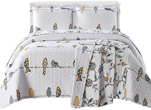 Royal Tradition Ayat Birds Lightweight Coverlets, King/California King Over-Sized 3pc Quilt Set (110-Inch Wide x 96-Inch Long) Mix of Canary Colors Bedspread