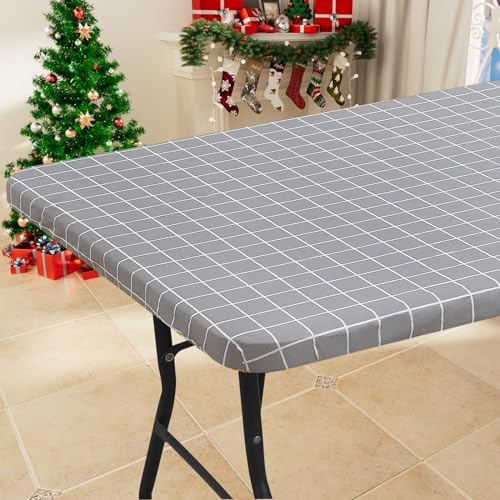 Spotjoy Rectangle Vinyl Table Cloth 30x72, Waterproof Elastic Fitted Tablecloth with Flannel Backing, Plastic Table Cover for Picnic, Camping, Outdoor, Light Grey