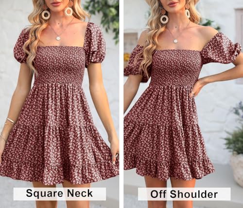 Image of Veatzaer Women's Puff Sleeve Square Neck Smocked Babydoll Dress Boho Floral Print Off Shoulder Ruffle Mini Short Dress