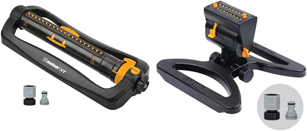 XT Turbo Oscillating Sprinkler & Melnor 65134AMZ 5 Piece Quick Connect Starter Set Connector Bundle, Yellow, Black, Grey