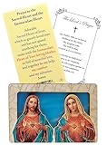 Mini Sacred Heart of Jesus, Immaculate Heart of Mary Picture - Wooden Plaque with Standing Base, Laminated Prayer Card, The Lord's Prayer Card - 3 Items Set