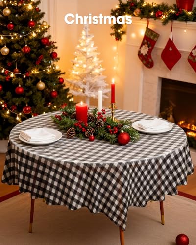 Image of Pureegg Plastic Table Cloth Disposable 10 Pack, 84'' Round Table Cloths, Party, Picnic, Decorative Gingham Tablecloths, Round, Red and White Checkered Cover, Leakproof & Sturdy, Red Plaid