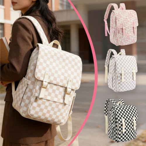 Image of Women Laptop Backpack, Corduroy 15.6 inch Travel Backpack for Work College Business, Teacher Nurse Bag with Large Capacity School Bookbag Bags for Girls - Checkered Brown