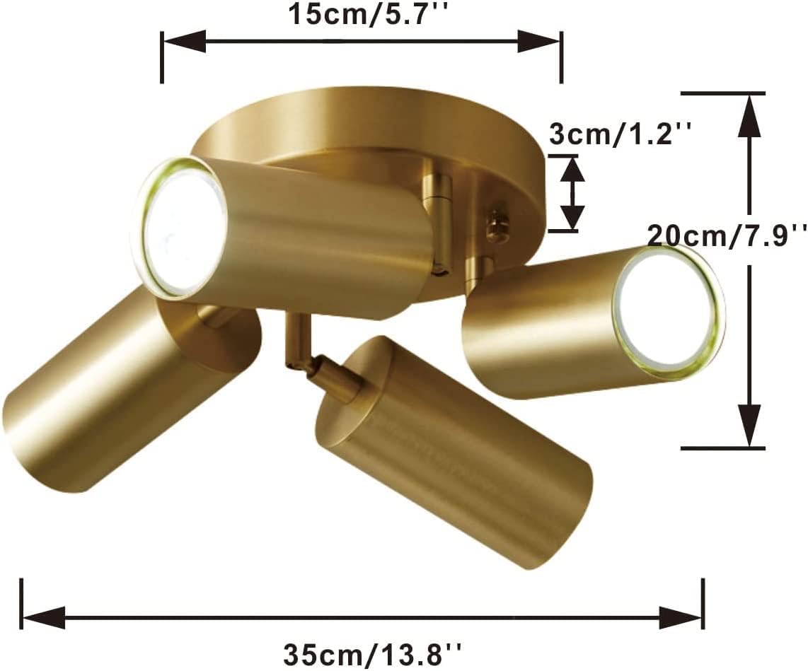 Modern 4-Light Adjustable Ceiling Spotlight Fixture, Brushed Brass Gold Finish, Directional Cylinder Heads, LED Compatible Indoor Lighting for Living Room, Kitchen, Hallway