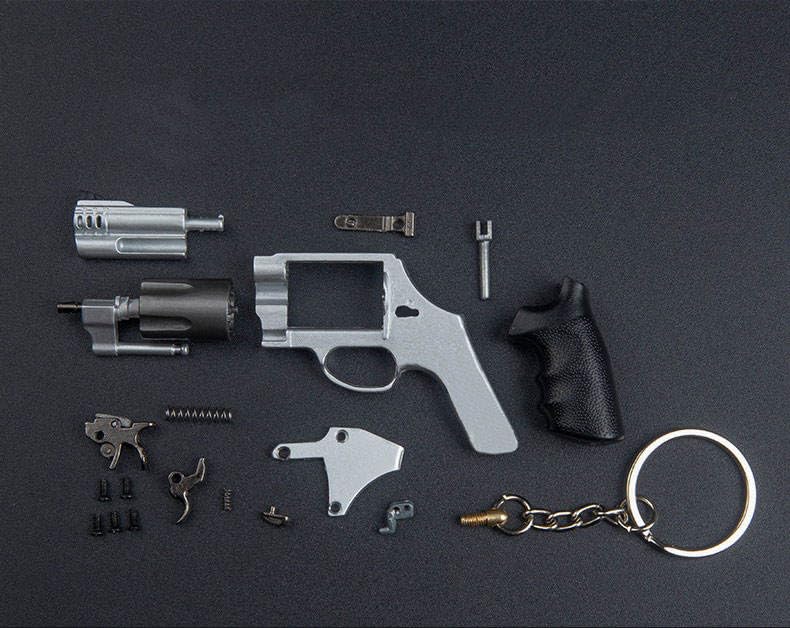 Image of AlfaPros Revolver Metal Miniature Keychain | 1:3 Scale Collectible Non Firing Model with Functional Trigger & Hammer Removable Cylinder Stylish Durable DisplayPiece for Keyring & Gift. Grey
