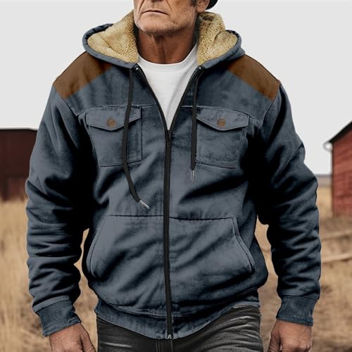 Men's Hooded Winter Jacket, Sherpa Fleece Lined, Full Zip, Color Block Design with 4 Pockets, Navy3