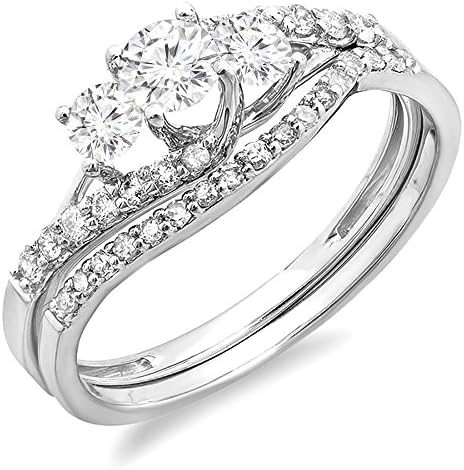 0.75 carat (CTW) 14K white gold round diamond 3-stone bridal engagement ring set 3/4 ct (USA ring size 7)