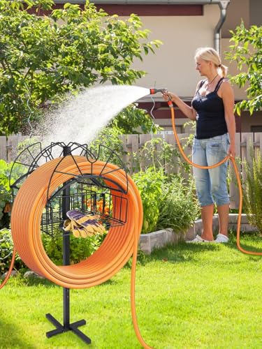 Kalolary 2 in 1 Garden Hose Holder, Upgraded Water Hose Holder Heavy Duty Metal Hose Stand Hanger with 4 Spikes Detachable Basket Garden Hose Storage Rack for Outdoor Use
