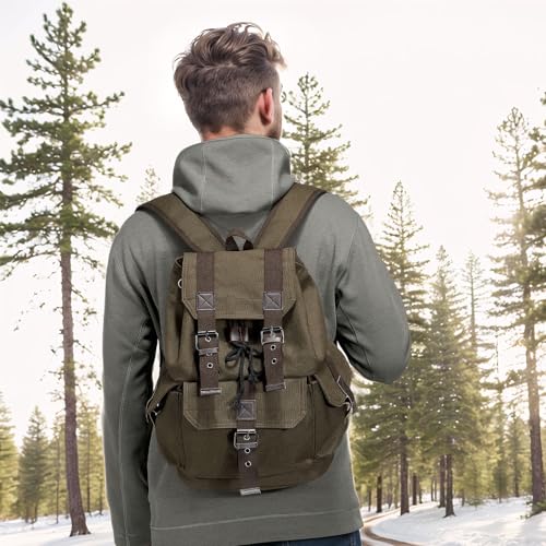 Vintage Canvas Backpack for Men Women, Durable Casual Daypack, Large Capacity Travel Rucksack Fits for Hiking and Daily Use (Green) - Image 3