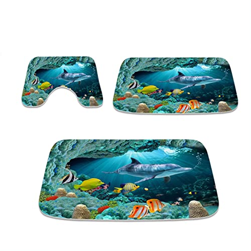 Unterwasser Ozeantiere Korallen Fisch und Delfin Badezimmer Teppiche und Matten Sets 3-teilig, Memory Foam Badematte, U…