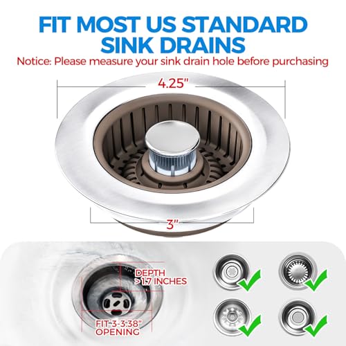 Upgraded 3in1 Kitchen Sink Drain Strainer & Sink Stopper, Stainless Steel Kitchen Drain Plug & Cover with Anti-Clogging Basket Strainer, Fit US Standard 3-1/2'' Sink Drain Hole, Brown