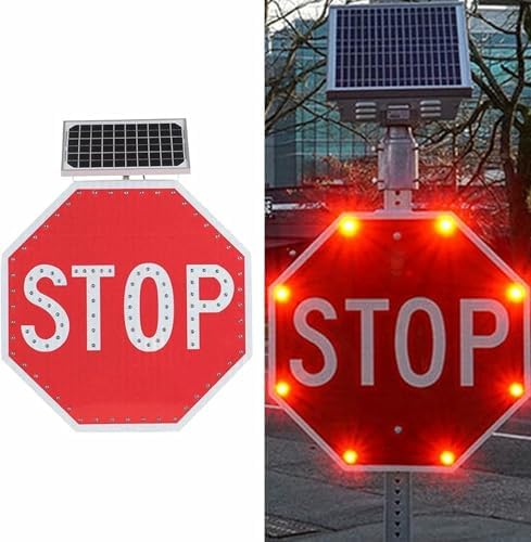 Solar Powered LED Stop Sign, Flashing Traffic Signal, Durable Aluminum Reflective Metal, 3M Engineer Grade Reflective Film for Enhanced Visibility, Outdoor Safety Sign