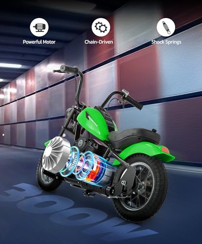 Image of ELEMARA Electric Dirt Bike, 15 mph & 150lb Max, 24V Ride on Toy for Big Kids w /LED Lights & Power Display,Chain-Driven Motor,Twist-Grip Throttle, Shock Springs,Handbrake,12 inch Air-Filled Tires-Green