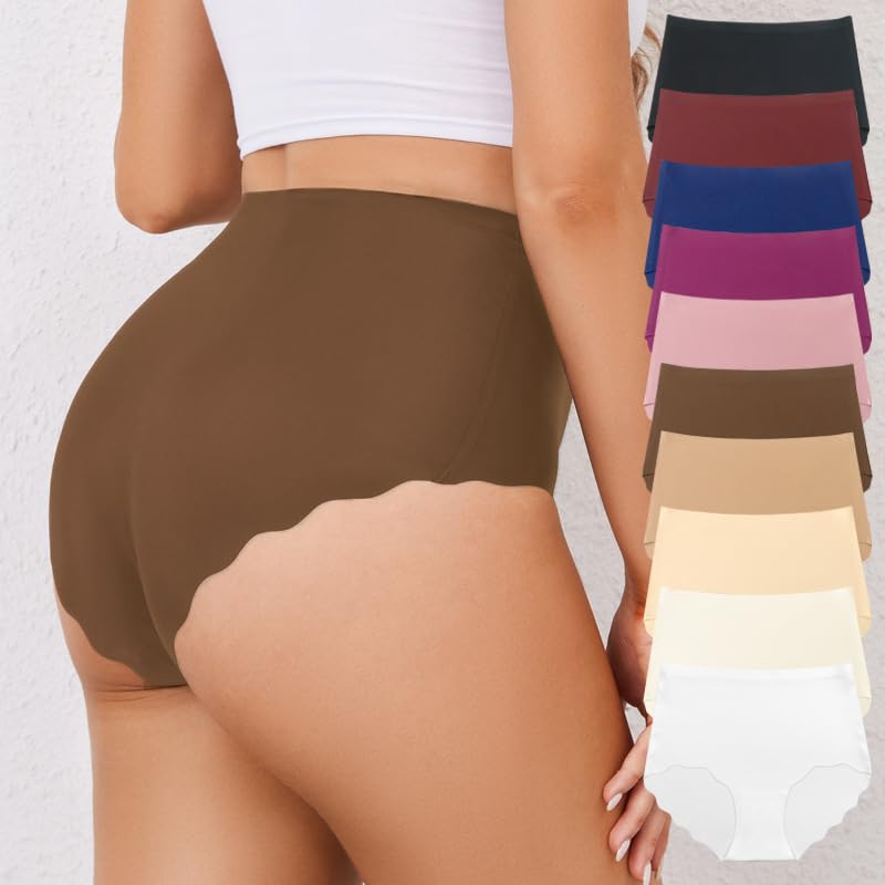 5PCS Soft Comfy Seams High Waist Thongs Solid & Scallop Edge Comfortable Tummy Control Panties (Y,XL)2