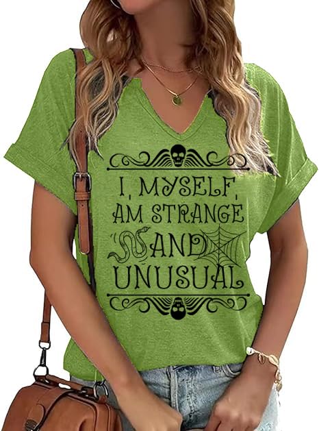 Halloween Shirts Women Horror Movie Graphic Tees I Myself Am Strange and Unusual Tshirts Spooky Gothic Fall V Neck Tops
