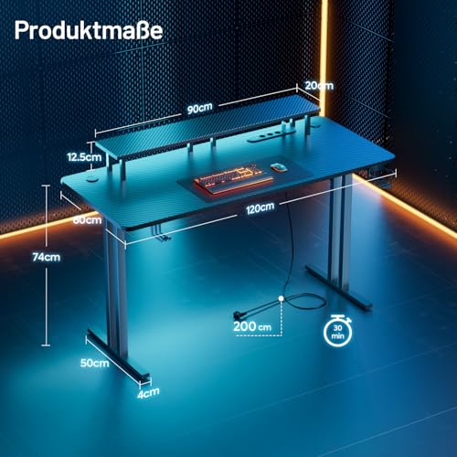 Gaming Tisch mit LED, 120x60 cm Gaming Schreibtisch mit 3 Steckdosen und 2 USB Anschlüssen, PC Gamer Tisch mit Monitorständer, Stabiler Computertisch für Gaming und Büro, Schwarz – Bild 4