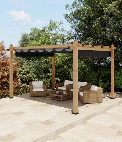 Image of KYBOLT 10x13 Ft Outdoor Pergola with Retractable Canopy Upgraded Aluminum Wood Grain Patio Pergola for Modern Backyard Deck Porch Grape Trellis - Gray