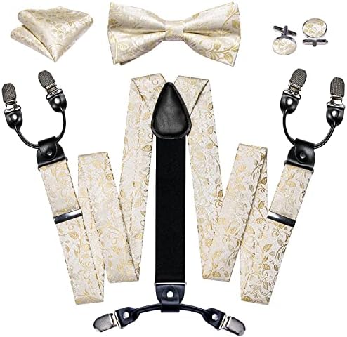 Paisley Suspender and Bow Tie Set, Mens Woven Silk Adjustable Suspender Bow Tie Pocket Square Cufflinks Set