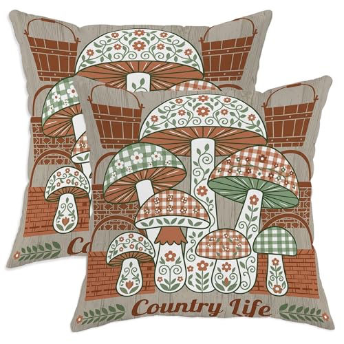 Juego de 2 fundas de almohada de hongos, estilo rústico, diseño de flores, color verde otoñal, con detalles de cremallera oculta, fundas de almohada para sala de estar, cama, oficina, sofá, silla