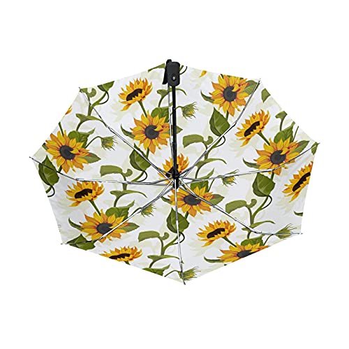 Parapluie pliable automatique à motif tournesols blancs et jaunes