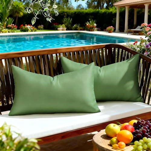 Image of BonBotimen Rectangle Cushion Covers 30x50 Outdoor Cushions Waterproof Lumbar Pillow Case Soft Modern Bohemian Pillowcases Decorations for Patio, Tent, Balcony, Couch, Sofa, Bed, Green, Set of 2