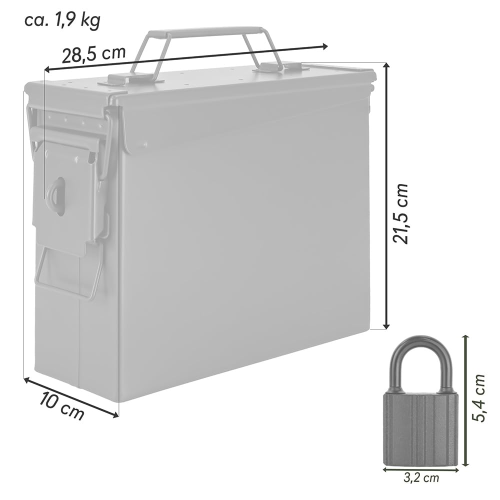 Trucky Caja de municiones con cerradura 28x10x18 cm, caja de metal con tapa, caja de almacenamiento de municiones del ejército, negro, metal