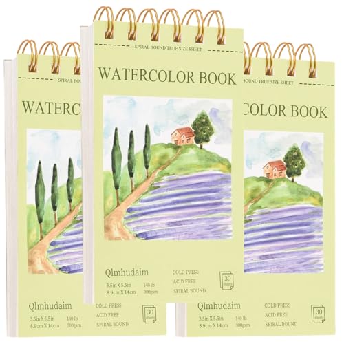 Qlmhudaim 3-Packs 3.5x5.5 Inch Spiral Watercolor Paper Pad 30 Sheets