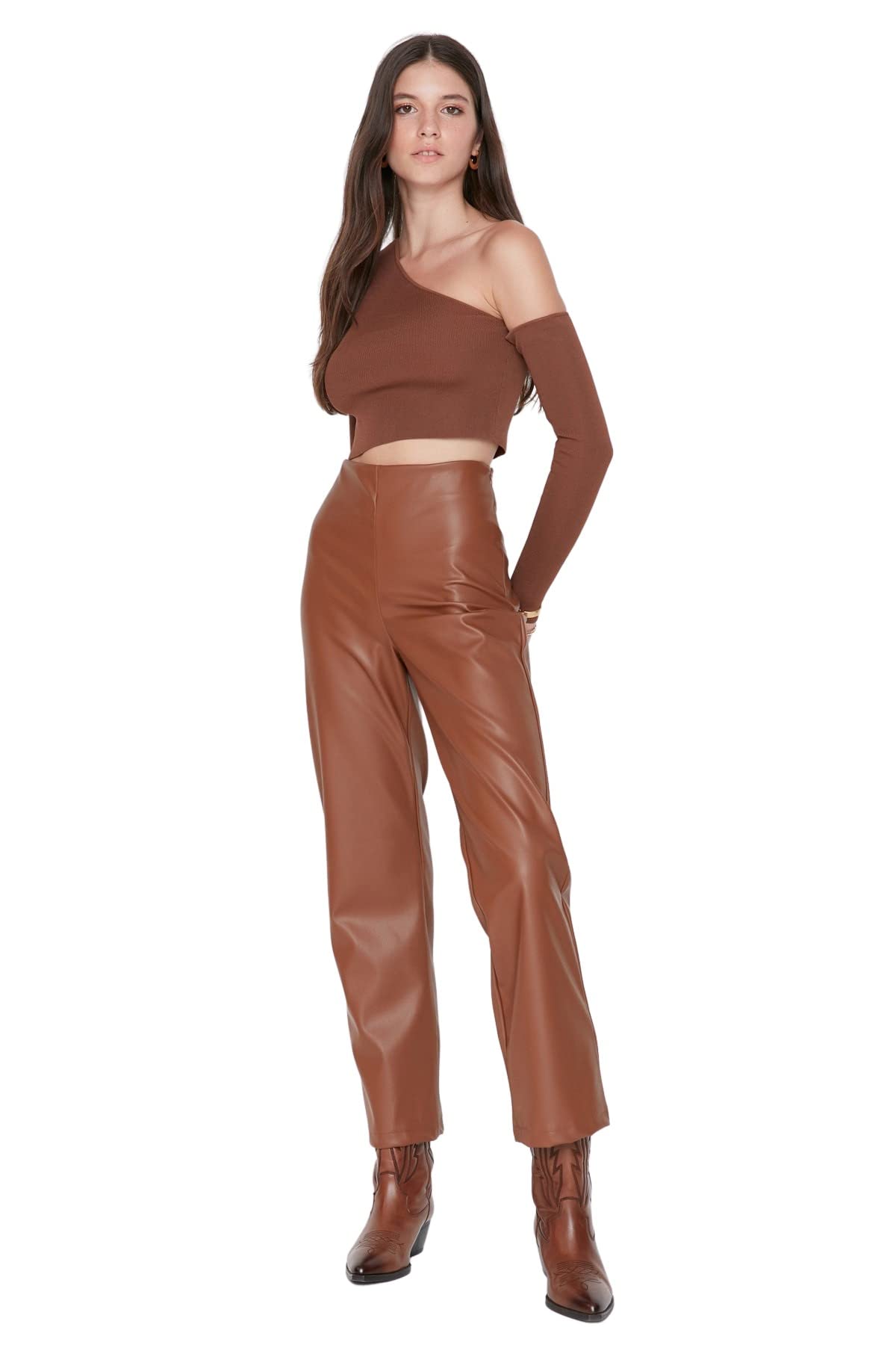 Trendyol Man High Waist Straight Pants, Brown, 38