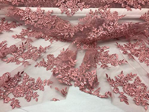 Valentina Textile Sequin lace Fabric with embroderies on mesh VT-012 (1 Yard, Rose Gold)
