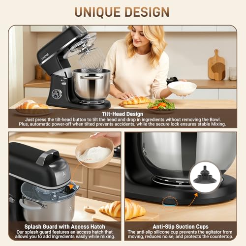 Zacme 7 Quart Stand Mixer Aluminum Die Casting, 650W 12 Speed Tilt-Head Kitchen Electric Stand Mixer, Household Food Mixer with Stainless Steel Bowl, Dough Hook, Whisk and Beater (Black) - Image 8