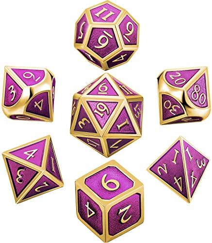 Hestya 7 Pieces Metal Dices Set DND Game Polyhedral Solid Metal D&D Dice Set with Storage Bag and Zinc Alloy with Enamel for Role Playing Game Dungeons and Dragons, Math Teaching (Gold Edge Purple)