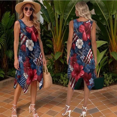 TOADDITDO American Flag Matching Couple Clothes Set Patriotic 4th of July Outfit Red Hibiscus Sleeveless Tunic Sundress for Women Short Sleeve Shirt for Men Couples Matching Outfit-M
