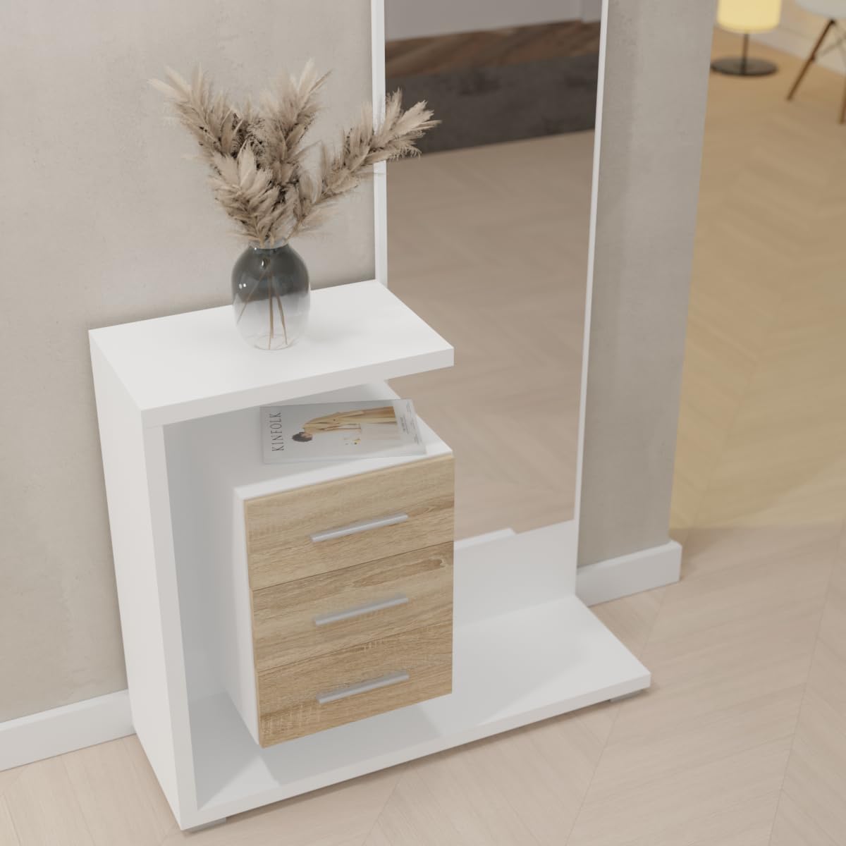 Somnia - Mueble Recibidor Vertical, Modelo Celine, Práctico y Funcional, Color Blanco y Cambria, Medidas: 85 cm Largo x 28 cm Fondo x 190 cm Alto