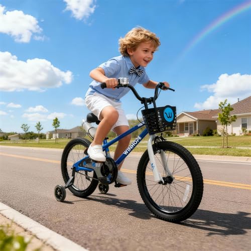 Image of WinHope 12-18 Inch Kids Bike with Light up Training Wheels for Boys Girls | Dual Brake Bicycle with Basket Adjustable Seat Water Bottle for Summer Riding Birthday Gift for Toddler 2-9 Years