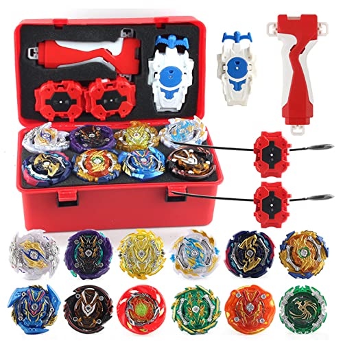 3T6B 12 Piezas Peonzas Juguetes Conjunto con Estuche Portátil, Gyro Spinner con 2 Burst Turbo Launcher Set, con Pocket Box, Regalo Mejor para los Niños (Rojo)